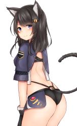 Rule 34 | 1girl, animal ears, ass, back, bad id, bad nicoseiga id, black gloves, black hair, blue eyes, blush, cat ears, cat girl, cat tail, from behind, gloves, hair ornament, hairclip, highres, long hair, looking at viewer, looking back, mizushina minato, original, short sleeves, simple background, smile, solo, tail, white background