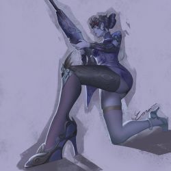 Rule 34 | 1girl, anklet, ass, black nails, brown eyes, butt crack, colored skin, from below, gun, high heels, highres, holding, holding gun, holding weapon, jewelry, looking down, nail polish, on one knee, overwatch, overwatch 1, purple skin, rifle, sniper rifle, solo, weapon, widowmaker (overwatch), zoner