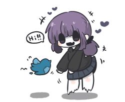 Rule 34 | +++, 1girl, :d, animal, bird, black hoodie, black skirt, blush stickers, commentary request, english text, fang, flying sweatdrops, ghost, heart, highres, hood, hood down, hoodie, long hair, low ponytail, open mouth, original, pleated skirt, ponytail, purple eyes, purple hair, shadow, simple background, skirt, smile, solo, stitches, uni souchou, white background
