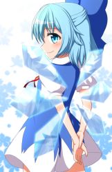 Rule 34 | 1girl, arms behind back, blue eyes, blue hair, blush, bow, cirno, dress, hair bow, highres, ice, ice wings, large bow, puffy short sleeves, puffy sleeves, short hair, short sleeves, smile, snowflakes, solo, teoi (good chaos), touhou, wings