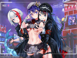 Rule 34 | 3girls, admiral graf spee (azur lane), admiral graf spee (girl&#039;s sunday) (azur lane), armband, azur lane, bandaged arm, bandages, beret, black dress, black hair, black jacket, blue eyes, bracelet, breasts, buttons, closed mouth, clothes lift, commentary, cross, deutschland (azur lane), double-breasted, dress, english commentary, fang, goggles, goggles on headwear, groping, hand on another&#039;s ass, hat, heterochromia, highres, iron cross, jacket, jewelry, leotard, leotard under clothes, lifting another&#039;s clothes, long sleeves, looking at viewer, mechanical hands, medium breasts, midriff, miniskirt, multicolored hair, multiple girls, navel, open mouth, purple eyes, sereneandsilent, sharp teeth, short hair, short sleeves, skin fang, skirt, skirt lift, smile, stage, streaked hair, teeth, underboob, viewfinder, white hair, z36 (azur lane)