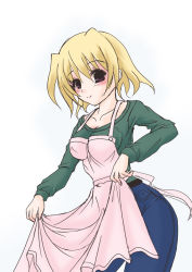Rule 34 | 00s, 1girl, apron, belt, blonde hair, collarbone, contrapposto, cowboy shot, denim, eyebrows, frapowa, jeans, looking at viewer, lyrical nanoha, mahou shoujo lyrical nanoha, mahou shoujo lyrical nanoha strikers, pants, red eyes, shamal, short hair, simple background, solo, standing, sweater, white background