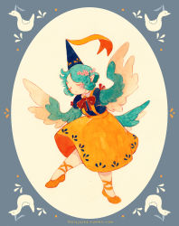 Rule 34 | . ., 1girl, 2020, ankle lace-up, aqua hair, aqua wings, ballet, ballet slippers, beige background, bird, bird girl, bird tail, bird wings, blue border, blue hat, blue wings, blush, border, bow, bowtie, closed eyes, closed mouth, commentary, cross-laced footwear, curly hair, dancing, english commentary, facing viewer, feathered wings, flower, footwear ribbon, framed, from side, full body, hair flower, hair ornament, hat, hat ribbon, hennin, high-waist skirt, highres, leg up, legs apart, light smile, long skirt, mixed media, monster girl, no nose, original, outstretched arms, owlyjules, painting (medium), parted bangs, pink flower, pointy ears, print headwear, print skirt, red bow, red bowtie, red ribbon, ribbon, short hair, simple background, skirt, solo, spread arms, spread wings, standing, suspender skirt, suspenders, tail, traditional media, two-tone wings, u u, watercolor (medium), watermark, web address, winged arms, wings, yellow footwear, yellow ribbon, yellow skirt