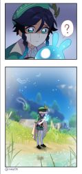 Rule 34 | 1boy, ?, black hair, blue hair, blurry, blurry background, bow, braid, cape, closed mouth, crying, crying with eyes open, feathers, flower, genshin impact, gradient hair, grass, green eyes, green headwear, hair flower, hair ornament, hat, isakysaku, leaf, long sleeves, male focus, multicolored hair, night, night sky, pantyhose, pond, rubbing eyes, seelie (genshin impact), shoes, shorts, sky, speech bubble, tears, trap, tree, twin braids, venti (genshin impact), vision (genshin impact), water, white pantyhose