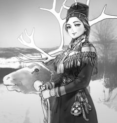 Rule 34 | 1girl, absurdres, antlers, braid, capelet, closed mouth, dress, greyscale, guksi, hat, highres, horns, long sleeves, looking at viewer, mole, mole under mouth, monochrome, mountains, native scandinavian, original, outdoors, photo background, reindeer, reindeer antlers, reindeer herder, sami, sami clothes, sapmi, scandinavia, shawl, smile, snow, solo, tagme, twin braids, wass nonnam, winter