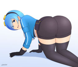 Rule 34 | 1girl, absurdres, all fours, alternate costume, ass, blue eyes, blue hair, breasts, cameltoe, from behind, gloves, goggles, goggles on head, hair over one eye, highres, lackatask, large breasts, looking at viewer, looking back, open mouth, parted lips, re:zero kara hajimeru isekai seikatsu, rem (re:zero), shiny clothes, short hair, short shorts, shorts, sideboob, smile, solo, thick thighs, thighhighs, thighs