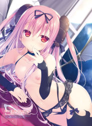 Rule 34 | 1girl, arm support, black choker, black panties, black ribbon, black thighhighs, blush, bow, bow legwear, breasts, chikotam, choker, closed mouth, collarbone, curtains, dengeki moeou, detached sleeves, eyebrows, fingernails, full moon, garter belt, garter straps, hair between eyes, hand to own mouth, hand up, highres, horn ornament, horn ribbon, horns, indoors, lace, lace-trim, lace-trimmed choker, lace trim, long fingernails, long hair, looking at viewer, lying, moon, navel, night, night sky, nipples, non-web source, on side, original, panties, pink hair, purple bow, red eyes, ribbon, sheep horns, sky, small breasts, smile, solo, stomach, suggestive fluid, thighhighs, topless, translation request, underwear, very long hair, window