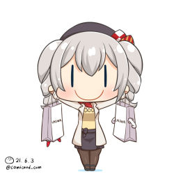 Rule 34 | 1girl, artist logo, bag, black footwear, black headwear, black pantyhose, black skirt, blush, chibi, closed mouth, coat, dated, holding, kantai collection, kashima (kancolle), long hair, looking at viewer, neckerchief, one-hour drawing challenge, pantyhose, red neckerchief, shiromaru (maniado), shirt, shoes, sidelocks, silver hair, simple background, skirt, smile, solo, twintails, twitter username, wavy hair, white background, white coat, yellow shirt, | |