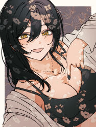 Rule 34 | 1girl, black bra, black hair, blush, bra, breasts, cleavage, collarbone, fingernails, floral background, grey shirt, hair between eyes, highres, idolmaster, idolmaster shiny colors, jewelry, long hair, medium breasts, mole, mole on breast, nail polish, necklace, open clothes, open shirt, paddy field, shirase sakuya, shirt, smile, solo, underwear, upper body, yellow eyes