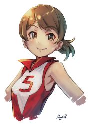 Rule 34 | 1girl, artist name, brown eyes, brown hair, closed mouth, commentary, cropped arms, cropped torso, girls und panzer, highres, kawanishi shinobu, kuroneko douji, looking at viewer, red shirt, shirt, short hair, short ponytail, signature, simple background, sketch, sleeveless, sleeveless shirt, smile, solo, sportswear, swept bangs, volleyball uniform, white background