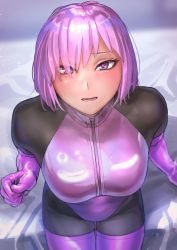 Rule 34 | 1girl, alternate costume, bodysuit, elbow gloves, fate/grand order, fate (series), from above, gloves, highres, kilye kairi, latex, latex bodysuit, mash kyrielight, open mouth, original, pink eyes, pink gloves, pink hair, shiny clothes, short hair, sitting, skin tight, solo, thighhighs, zipper