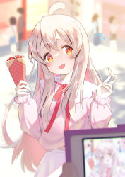 Rule 34 | 1girl, :d, ahoge, blurry, blurry background, blurry foreground, blush, colored inner hair, commentary request, crepe, depth of field, flying sweatdrops, food, hair between eyes, highres, long hair, long sleeves, looking at viewer, multicolored hair, neck ribbon, onii-chan wa oshimai!, open mouth, orange eyes, oyama mahiro, pink hair, pink shirt, pov, puffy long sleeves, puffy sleeves, red ribbon, ribbon, shirt, skirt, smile, solo focus, taking picture, two-tone hair, unisanjou, v, white hair, white skirt