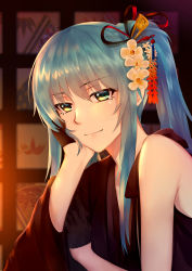 Rule 34 | 1girl, alternate costume, alternate hairstyle, aqua hair, asymmetrical sleeves, black gloves, closed mouth, eyebrows, floral print, flower, gloves, hair between eyes, hair flower, hair ornament, hair ribbon, hair stick, half gloves, hand on own cheek, hand on own face, hatsune miku, head rest, highres, ian wang, kanzashi, long hair, looking at viewer, project diva (series), project diva f 2nd, red ribbon, ribbon, sleeveless, smile, solo, tassel, uneven sleeves, upper body, vocaloid, wide sleeves, yubikiri (vocaloid)
