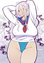 Rule 34 | 1girl, blonde hair, blue eyes, breasts, curvy, dark skin, covered erect nipples, galko&#039;s sister, huge breasts, large breasts, long hair, looking at viewer, oshiete! galko-chan, plump, school uniform, smile, tan, tetrodotoxin, thick thighs, thighs, wide hips
