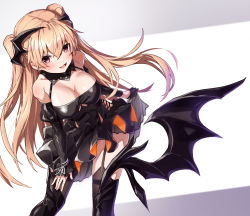 Rule 34 | 1girl, bare shoulders, black dress, black gloves, black thighhighs, blonde hair, blush, breasts, cleavage, commentary request, detached sleeves, dress, fangs, garter straps, gloves, hair between eyes, highres, johnston (kancolle), kantai collection, large breasts, long hair, looking at viewer, official alternate costume, open mouth, red eyes, single glove, smile, solo, standing, takanashi kei (hitsujikan), thighhighs, two side up, wings