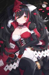 Rule 34 | 1girl, absurdres, animal ears, black hair, black sleeves, blush, breasts, card, cleavage, flower, hair between eyes, hair flower, hair ornament, hair ribbon, highres, holding, holding card, hololive, large breasts, long hair, looking at viewer, masaki (msk064), multicolored hair, ookami mio, ookami mio (wonderland), orange eyes, pantyhose, red hair, ribbon, short shorts, shorts, smile, solo, streaked hair, tail, tail around own leg, tail wrap, thighhighs, very long hair, virtual youtuber, wolf ears, wolf girl, wolf tail