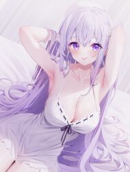 Rule 34 | 1girl, armpits, arms behind head, arms up, bare arms, bare shoulders, blush, breasts, cleavage, collarbone, commentary, deyui, dress, highres, indie virtual youtuber, large breasts, long hair, looking at viewer, naito mare (vtuber), presenting armpit, purple eyes, purple hair, sitting, sleeveless, sleeveless dress, solo, tongue, tongue out, v-neck, virtual youtuber, white dress, white headwear
