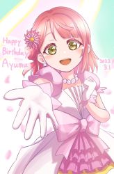 Rule 34 | 1girl, 2022, artist name, artist request, awakening promise (love live!), belt, blush, bow, braid, braided bun, breasts, cleavage, clenched hand, close-up, collarbone, dress, dress bow, earrings, falling petals, female focus, flower, frilled dress, frilled skirt, frills, gloves, green eyes, hair bun, hair flower, hair ornament, highres, jewelry, looking at viewer, love live!, love live! nijigasaki high school idol club, love live! school idol festival, miniskirt, necklace, orange hair, parted lips, pearl earrings, pearl necklace, petals, pink belt, pink bow, pink dress, pink flower, pink petals, pink skirt, pink wrist cuffs, plaid, plaid dress, plaid skirt, pleated, pleated dress, pleated skirt, puffy short sleeves, puffy sleeves, reaching, reaching towards viewer, red hair, short hair, short sleeves, side bun, single side bun, skirt, skirt under dress, smile, solo, two-tone dress, uehara ayumu, white dress, white gloves, wrist cuffs, yellow eyes, yellow skirt
