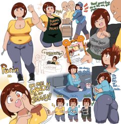 Rule 34 | 1girl, apron, ass, breasts, brown eyes, brown hair, cellphone, cleavage, denim, english text, highres, huge breasts, jeans, lightsource, pants, phone, plump, purin (lightsource), shoes, smile, sneakers, thick eyebrows, thick thighs, thighs, wide hips