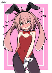 Rule 34 | 1boy, absurdres, alternate costume, animal ears, ansel (arknights), arknights, arm behind back, artist name, between legs, black pantyhose, blush, border, chestnut mouth, commentary request, crossdressing, detached collar, fake animal ears, flying sweatdrops, full-face blush, gloves, hand between legs, hendra, highres, inset border, leotard, looking at viewer, lop rabbit ears, male focus, pantyhose, pink background, pink eyes, pink hair, playboy bunny, rabbit boy, rabbit ears, red leotard, short hair, simple background, solo, white background, white gloves, white wrist cuffs, wrist cuffs