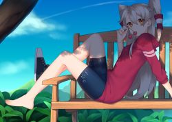 Rule 34 | 10s, 1girl, alternate costume, amatsukaze (kancolle), barefoot, bench, bike shorts, blue sky, brown eyes, casual, cherry, cloud, day, feet, food, from side, fruit, hair between eyes, hair tubes, holding, holding food, holding fruit, kantai collection, lio (rumei2265874644), long hair, long sleeves, looking at viewer, mountain, outdoors, plant, shoes, silver hair, single shoe, sitting, sky, sneakers, solo, toes, two side up