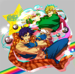Rule 34 | 2boys, abs, bad id, bad pixiv id, bare shoulders, battle tendency, belt, black hair, blonde hair, blue eyes, bola (weapon), bubble, caesar anthonio zeppeli, copyright name, cropped jacket, crossed arms, facial mark, feathers, fighting stance, fingerless gloves, gloves, green eyes, green jacket, headband, jacket, jojo no kimyou na bouken, joseph joestar, joseph joestar (young), male focus, midriff, multiple boys, rainbow, ribbon, scarf, sg2119, sleeveless, star (symbol), striped clothes, striped scarf