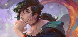 Rule 34 | 1boy, bich hoan, branch, close-up, closed mouth, collarbone, fingernails, green eyes, hand on own chin, highres, hwei (league of legends), leaf, league of legends, long hair, looking ahead, male focus, ponytail, purple eyes, sidelocks, solo, swept bangs, upper body