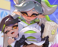Rule 34 | 2girls, ;d, black gloves, black hair, blush, body writing, breasts, callie (splatoon), clothes lift, cross-shaped pupils, cum, cum in container, cum in cup, cup, ear piercing, gloves, grey hair, highres, holding, holding cup, inkling, lifting another&#039;s clothes, long hair, looking at another, marie (splatoon), medium breasts, mole, mole under eye, mug, multiple girls, nintendo, one eye closed, open mouth, piercing, pointy ears, reagan long, shirt, shirt lift, short eyebrows, smile, splatoon (series), symbol-shaped pupils, thick eyebrows, white shirt, yellow eyes