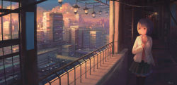Rule 34 | 1girl, bird, black hair, black thighhighs, blunt bangs, building, cityscape, cloud, cloudy sky, commentary request, day, feel (nasitaki), flock, hair ornament, hairclip, hallway, highres, indoors, jacket, lantern, long sleeves, looking to the side, original, parted lips, pleated skirt, railing, red shirt, scenery, shirt, short hair, signature, skirt, sky, solo, standing, sunset, thighhighs, white jacket, window