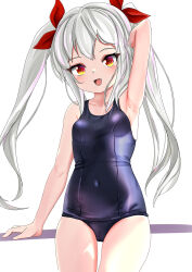 Rule 34 | 1girl, arm up, armpits, azur lane, blue one-piece swimsuit, breasts, covered navel, dedorudy, fang, grey hair, highres, long hair, looking at viewer, old school swimsuit, one-piece swimsuit, open mouth, red eyes, ribbon, school swimsuit, simple background, slit pupils, small breasts, smile, solo, swimsuit, thigh gap, thighs, twintails, vampire (azur lane), white background