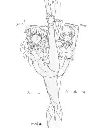 Rule 34 | 2girls, ass, ayanami rei, blush, bodysuit, breasts, flexible, from side, hair ornament, hairpods, hand on own hip, heart, interface headset, leg up, legs apart, long hair, looking at another, medium breasts, monochrome, multiple girls, neon genesis evangelion, pilot suit, plugsuit, short hair, simple background, souryuu asuka langley, standing, standing on one leg, sukocchi moruto, translation request, white bodysuit, wide hips