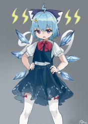 Rule 34 | 1girl, absurdres, ahoge, artist name, bad id, bad pixiv id, blue bow, blue eyes, blue hair, blue skirt, blue vest, bow, bowtie, circled 9, cirno, duck hair ornament, feet out of frame, flat chest, gradient background, grey background, hair bow, hands on own hips, highres, huge filesize, hxj (2324184595), ice, ice wings, looking at viewer, open mouth, puffy short sleeves, puffy sleeves, red bow, red bowtie, short hair, short sleeves, simple background, skirt, skirt set, solo, standing, thick eyebrows, thighhighs, touhou, triangle mouth, v-shaped eyebrows, vest, white thighhighs, wings, wrist cuffs