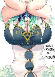 Rule 34 | 1girl, blue dress, blue ribbon, breast focus, breasts, ceres fauna, ceres fauna (1st costume), cleavage, dress, english text, frilled skirt, frills, green hair, highres, hololive, hololive english, jewelry, large breasts, long hair, multicolored hair, open mouth, redi (rasec asdjh), ribbon, simple background, skirt, solo, virtual youtuber, white background, white dress