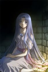 Rule 34 | 1girl, ancient ys vanished, blue hair, falcom, feena (ys), gem, izumi (izum00), jewelry, long hair, looking at viewer, necklace, sandals, sitting, solo, ys