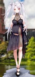 Rule 34 | 1girl, absurdres, alternate costume, azur lane, black dress, breasts, brown eyes, cleavage, commission, dress, full body, hand on own stomach, highres, large breasts, layered dress, looking at viewer, mole, mole on breast, multicolored hair, outstretched hand, pregnant, prinz eugen (azur lane), see-through, see-through cleavage, see-through dress, side slit, solo, sstthei, streaked hair, two side up, white hair
