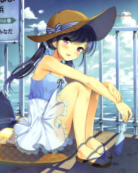 Rule 34 | 1girl, absurdres, blue hair, bottle, cloud, day, dress, feet, hair ornament, hat, highres, komi zumiko, legs, long hair, non-web source, ocean, open mouth, original, purple eyes, railing, ramune, sandals, scan, sign, sitting, smile, solo, straw hat, sun hat, toes, twintails, water