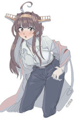 Rule 34 | 1girl, ahoge, artist name, black pants, brown hair, coat, commentary request, cropped legs, denim, double bun, ergot, grey coat, hair bun, hairband, headgear, highres, jeans, kantai collection, kongou (kancolle), long hair, looking at viewer, official alternate costume, pants, purple eyes, shirt, simple background, smile, solo, standing, striped clothes, striped shirt, white background