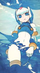 Rule 34 | 1girl, :q, android, blue background, blue eyes, blue hair, blue theme, bodysuit, boots, bracelet, breasts, closed mouth, gloves, head tilt, helmet, highres, idkuroi, jewelry, fairy leviathan (mega man), licking lips, looking at viewer, mega man (series), mega man zero (series), navel, ocean, robot, smile, solo, standing, thigh boots, thighhighs, tongue, tongue out