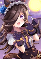 Rule 34 | 1girl, animal ears, black bow, black bowtie, black gloves, black skirt, blue flower, blue rose, bow, bowtie, brooch, brown hair, claw pose, collared shirt, commentary, demon wings, fangs, flower, frilled hairband, frills, full moon, gloves, hair flower, hair ornament, hair over one eye, hairband, halloween, halloween costume, horse ears, horse girl, horse tail, izumi akane, jewelry, light particles, looking at viewer, moon, puffy short sleeves, puffy sleeves, purple eyes, purple hairband, rice shower (make up vampire!) (umamusume), rice shower (umamusume), rose, shirt, short sleeves, skirt, sky, solo, star (sky), star (symbol), starry sky, tail, umamusume, white shirt, wings