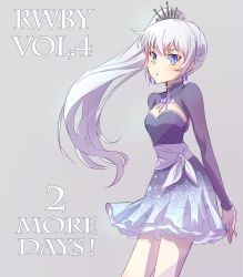 Rule 34 | 1girl, blue eyes, blunt bangs, commentary, dress, earrings, english text, artistic error, iesupa, jewelry, long sleeves, looking at viewer, parted lips, ponytail, rwby, serious, solo, tiara, weiss schnee, white hair
