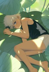Rule 34 | 1boy, absurdres, bare arms, bare legs, bare shoulders, barefoot, blue eyes, blush, character doll, commentary, dappled sunlight, day, feet out of frame, from above, gon freecss, highres, holding, hunter x hunter, killua zoldyck, leaf, looking at viewer, looking up, luye yuan, lying, male focus, nature, on side, shorts, sideways glance, sleeveless, smile, solo, spiked hair, sunlight, symbol-only commentary, tank top, white hair, white shorts