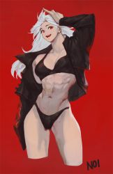 Rule 34 | 1girl, abs, artist request, bikini, black bikini, breasts, dorohedoro, earrings, highres, jewelry, large breasts, long hair, looking at viewer, muscular, muscular female, navel, noi (dorohedoro), open mouth, red background, red eyes, simple background, smile, solo, swimsuit, white hair
