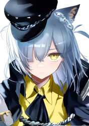 Rule 34 | 1girl, animal ears, arknights, ascot, black ascot, black hat, black jacket, blue hair, cat ears, cat girl, closed mouth, collared shirt, delphine (arknights), expressionless, hair between eyes, hair over one eye, hat, highres, jacket, looking at viewer, one eye covered, open clothes, open jacket, peaked cap, raramente, shirt, simple background, solo, upper body, white background, yellow eyes, yellow shirt