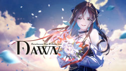 Rule 34 | 1girl, album cover, artist request, bare shoulders, blurry, blurry background, bow, brown eyes, brown hair, choker, cloud, cover, detached sleeves, falling petals, flower, hair bow, halterneck, hanabasami kyou, highres, holding, holding flower, lens flare, long hair, looking at viewer, official art, open mouth, petals, re:act, smile, solo, upper body, virtual youtuber