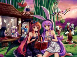 Rule 34 | 6+girls, :o, ?, alternate costume, alternate hair color, anger vein, angry, animal, animal ears, animal on head, aqua eyes, aqua hair, architecture, ascot, bamboo, bat wings, black hair, blue hair, book, bow, braid, breasts, brown hair, bucket, rabbit, rabbit ears, butterfly hair ornament, capelet, caught, cleavage, clenched hands, clenched teeth, collarbone, crescent, crystal, cup, demon wings, dusk, east asian architecture, closed eyes, female focus, flandre scarlet, floating, floating book, floating object, flower, frills, green hair, hair bow, hair ornament, handheld game console, hat, unworn hat, hat ribbon, head wings, headphones, unworn headwear, high heels, hole, hong meiling, hoshi no gen, houraisan kaguya, inaba mob (touhou), inaba tewi, izayoi sakuya, kneeling, koakuma, long hair, long sleeves, maid, maid headdress, medium breasts, multiple girls, nintendo 3ds, nintendo ds, no eyes, off shoulder, on head, open mouth, patchouli knowledge, pillow, playing games, pointy ears, puffy sleeves, purple hair, red eyes, reisen udongein inaba, remilia scarlet, ribbon, rose, running, seiza, shoes, short hair, short sleeves, side ponytail, single braid, sitting, sky, sleeveless, smile, star (symbol), strap slip, ^^^, sweatdrop, teacup, teeth, touhou, twin braids, upside-down, v arms, very long hair, white flower, white rose, wings, wrist cuffs, yagokoro eirin, yellow eyes
