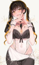 Rule 34 | 1girl, absurdres, black hair, black necktie, blush, covered navel, detached collar, hands up, highleg, highleg leotard, highres, leotard, long hair, looking at viewer, multicolored hair, myabit, necktie, orange hair, original, own hands together, parted lips, short sleeves, solo, tongue, twintails, two-tone hair, white leotard, wrist cuffs, yellow eyes