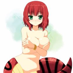 Rule 34 | 1girl, bad id, bad pixiv id, blush, borubomu, bracelet, breasts, cleavage, covering privates, covering breasts, green eyes, jewelry, lamia, monster girl, navel, nude, original, red hair, scales, short hair, solo