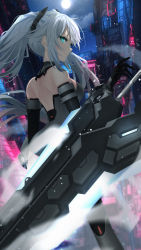 Rule 34 | back muscles, bare shoulders, black heart (neptunia), bodysuit, boots, breasts, green eyes, highres, long hair, medium breasts, neptune (series), noire (neptunia), ribbon, smile, smirk, sword, tsundere, twintails, weapon, white hair