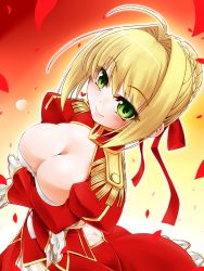 Rule 34 | 10s, 1girl, ahoge, ass, blonde hair, blush, braid, breasts, butt crack, cleavage, closed mouth, crossed arms, dress, epaulettes, fate/extra, fate (series), from above, gradient background, green eyes, hair intakes, hair ribbon, highres, hisame genta, juliet sleeves, long sleeves, medium breasts, nero claudius (fate), nero claudius (fate) (all), nero claudius (fate/extra), petals, puffy sleeves, red dress, red ribbon, ribbon, smile, solo