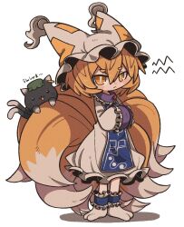 Rule 34 | 1girl, animal ears, annoyed, blonde hair, cat, chen, chen (cat), chibi, dress, fox ears, fox girl, fox tail, green hat, hands in opposite sleeves, hat, looking at viewer, multiple tails, own hands together, tail, touhou, white background, white dress, yakumo ran, yellow eyes, zunusama